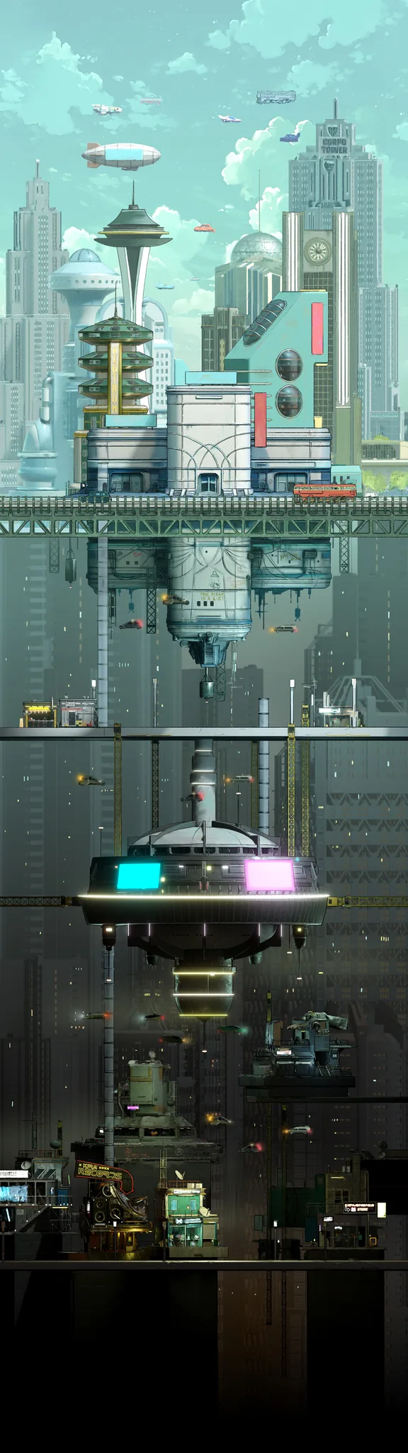 A vertical retro-future city, sky terraces above the undercity
