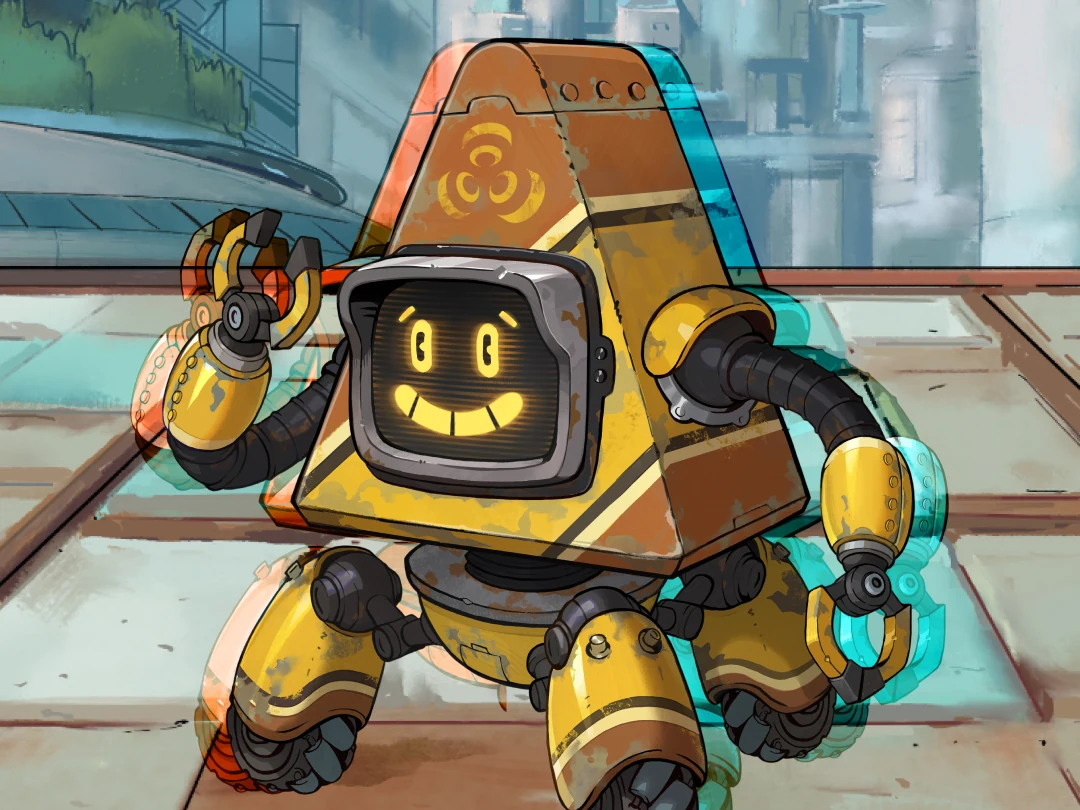 A Deltapath courier robot on a plaza, grinning