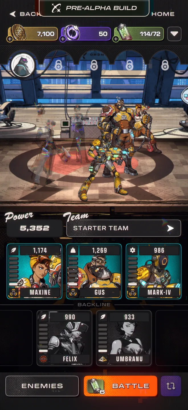 Team select screen with frontline and backline