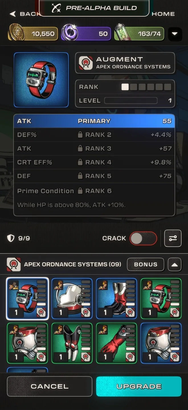 Ampworks equipment upgrade screen