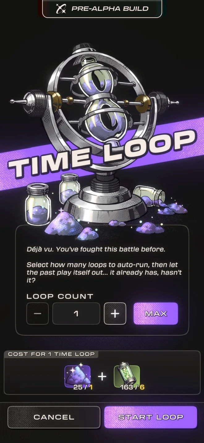 Time Loop screen with the loop count and its cost